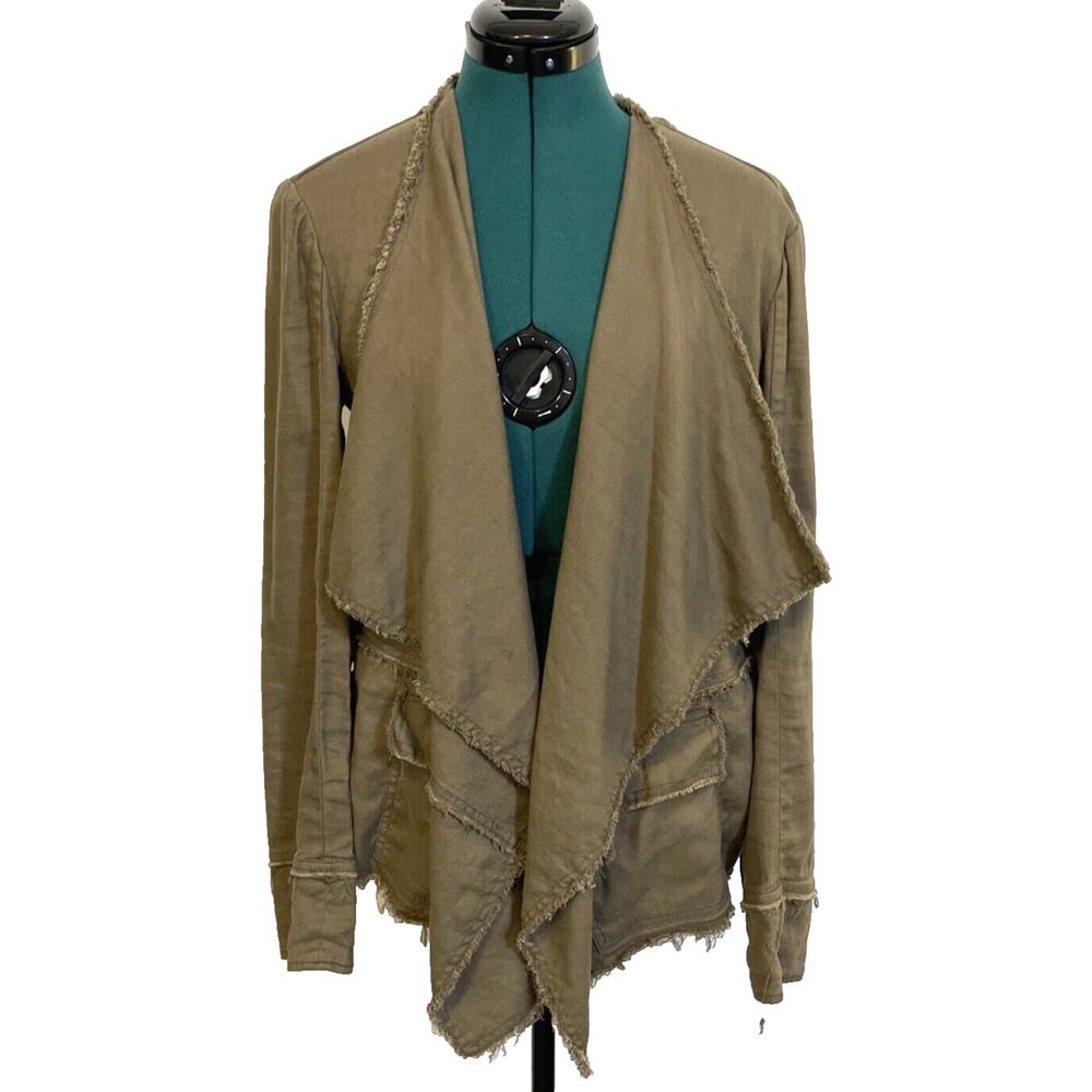 Free People Olive‎ Green Linen Blend Draped Waterfall Jacket Raw Hem Medium